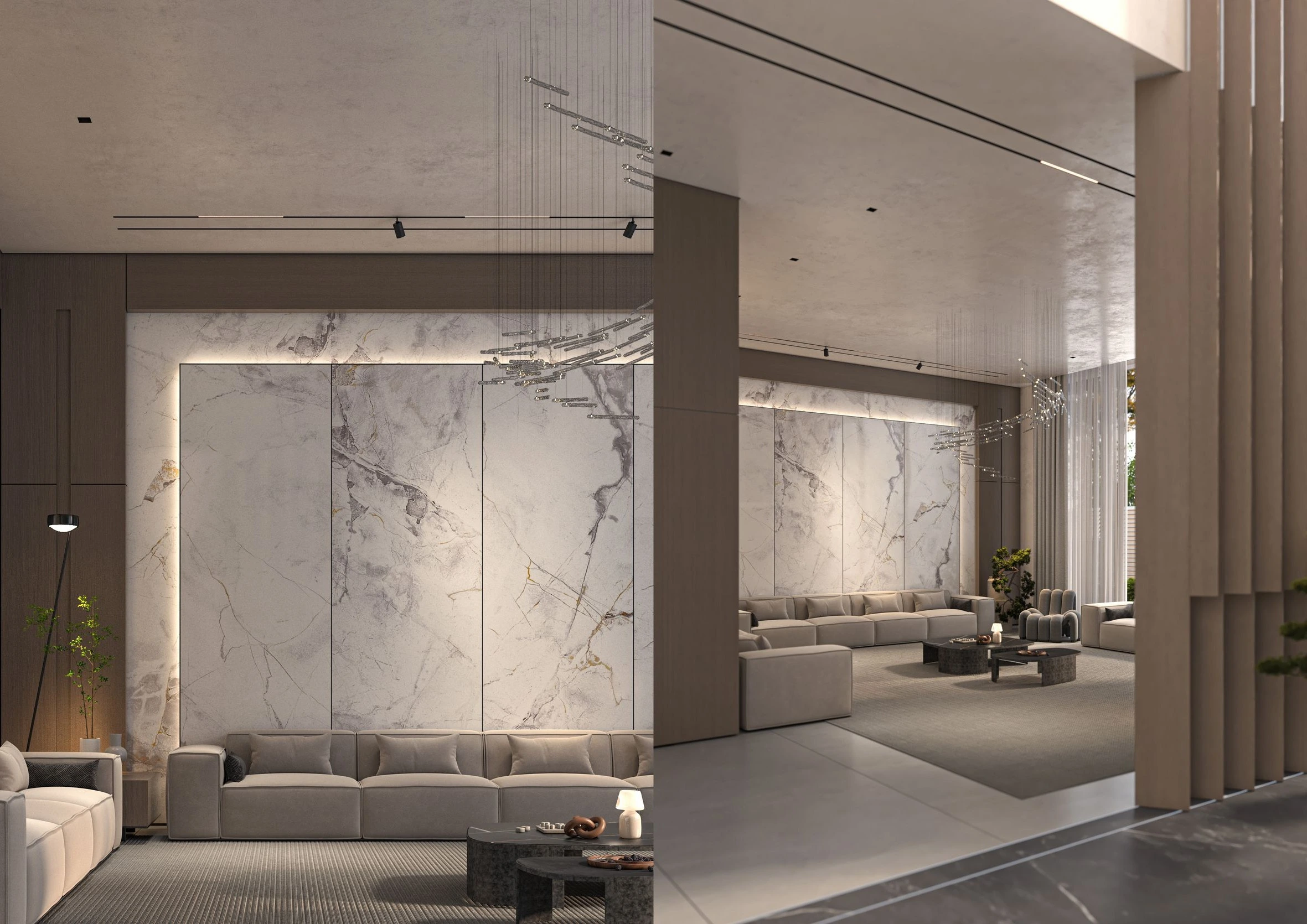 Premium wall cladding featuring natural stone and wood finish installations